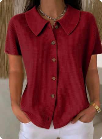 Women's waffle weave casual short sleeve blouse with turn-down collar, loose fit cotton blend summer top by Redemption by Ashley North.