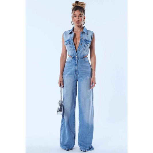 Redemption by Ashley North Baylin denim jumpsuit in light wash, featuring a stylish, fitted design with shoulder straps and front pockets.