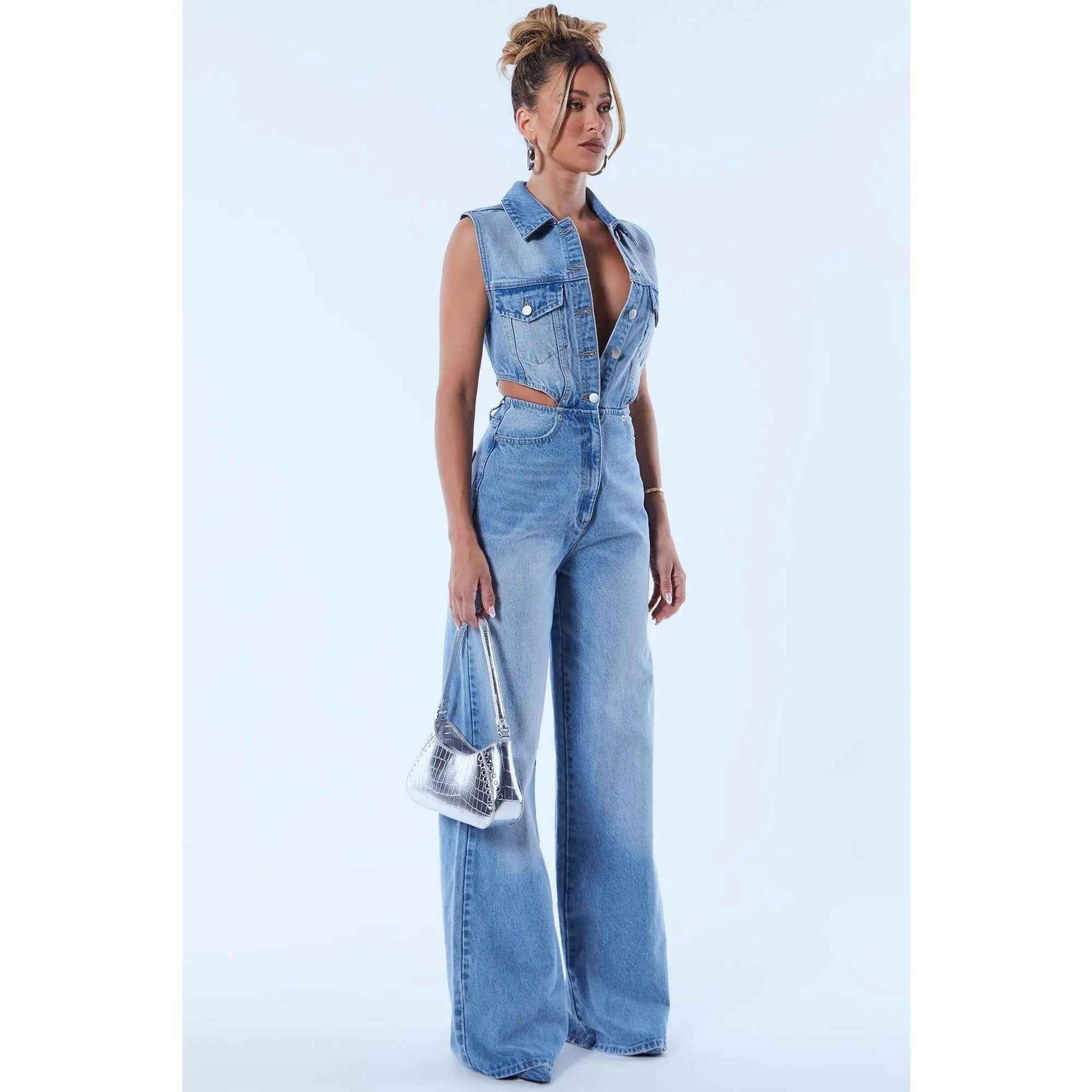 Redemption by Ashley North Baylin denim jumpsuit in light wash with adjustable straps and front pockets, casual and stylish.