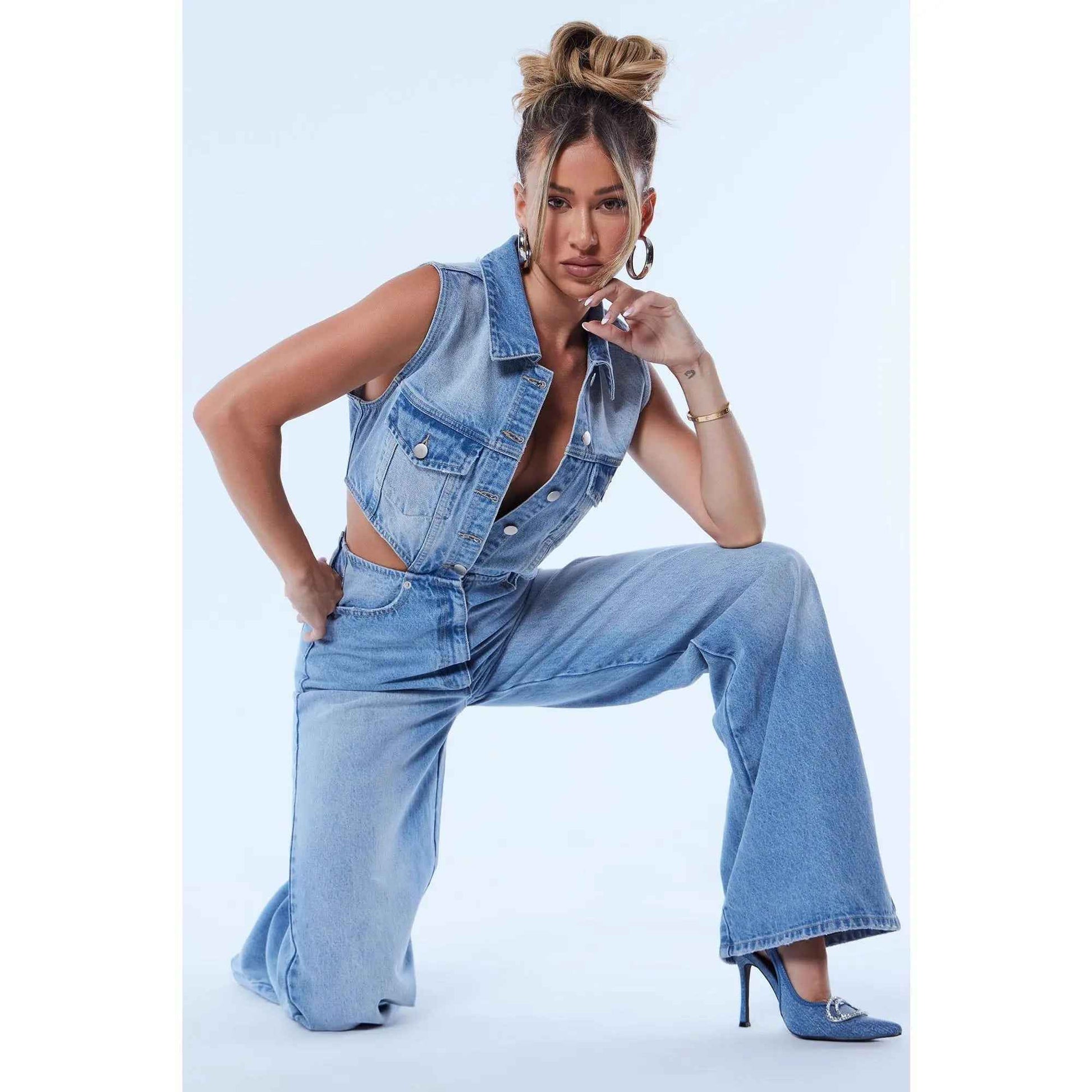 Redemption by Ashley North Baylin denim jumpsuit in light wash, featuring a casual fit and stylish design.