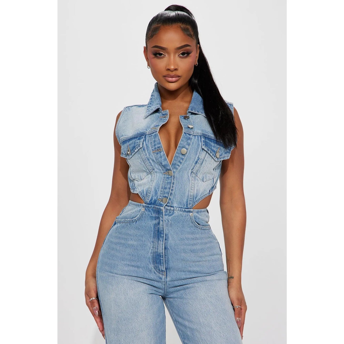 Redemption By Ashley North Baylin Denim Jumpsuit in light wash denim, featuring a casual fit and adjustable straps.
