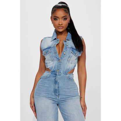 Redemption By Ashley North Baylin Denim Jumpsuit in light wash denim, featuring a casual fit and adjustable straps.