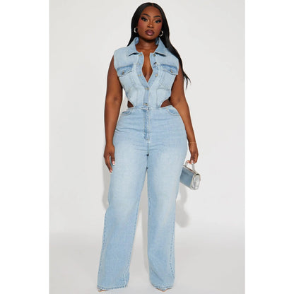 Light wash Redemption by Ashley North Baylin denim jumpsuit, featuring a casual fit and classic denim style.