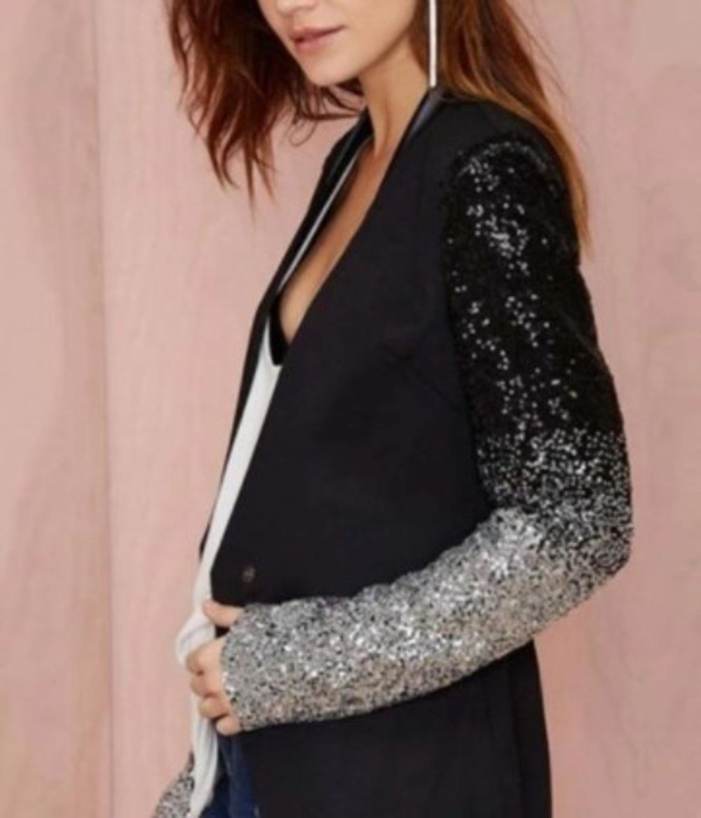 Black women's blazer with sequined sleeves by Redemption by Ashley North, stylish jacket perfect for elegant occasions.