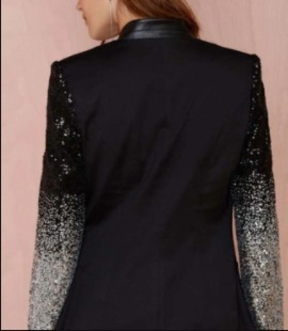 Black women's blazer by Redemption by Ashley North with stylish sequins detail on the sleeves, perfect for sophisticated outfits.