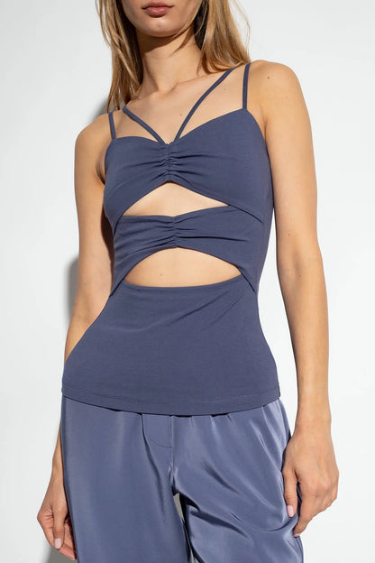 Blue Samsoe Samsoe Mona sleeveless top by Redemption By Ashley North, shown on a hanger with a simple background.