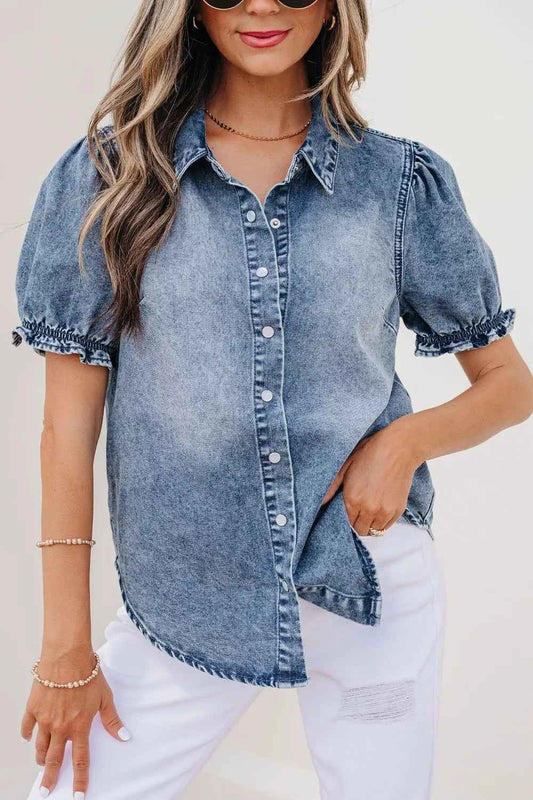 Redemption by Ashley North women's denim shirt with frilled short sleeves, casual stylish top for everyday wear.