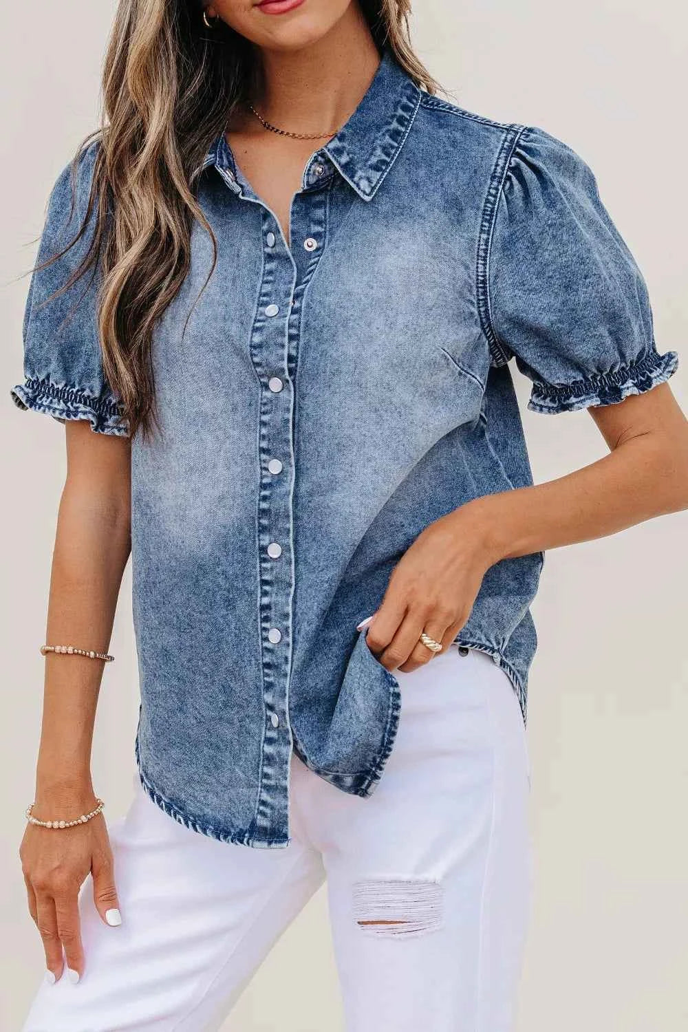 Redemption by Ashley North women's short sleeve denim shirt with frilled details, stylish casual top for modern wardrobes.