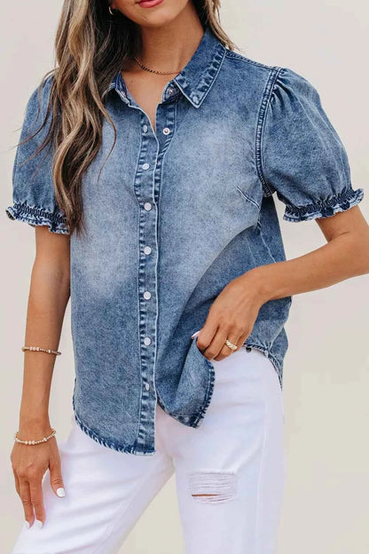 Redemption by Ashley North women's short sleeve denim shirt with frilled details, stylish casual top for modern wardrobes.