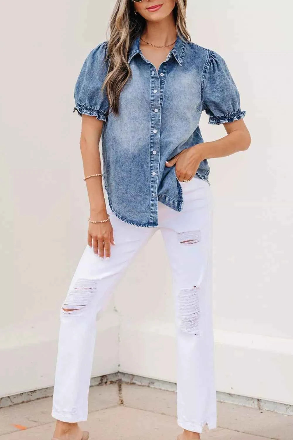 Redemption by Ashley North women's short sleeve denim shirt with frills, stylish casual top for modern wardrobe, medium size.
