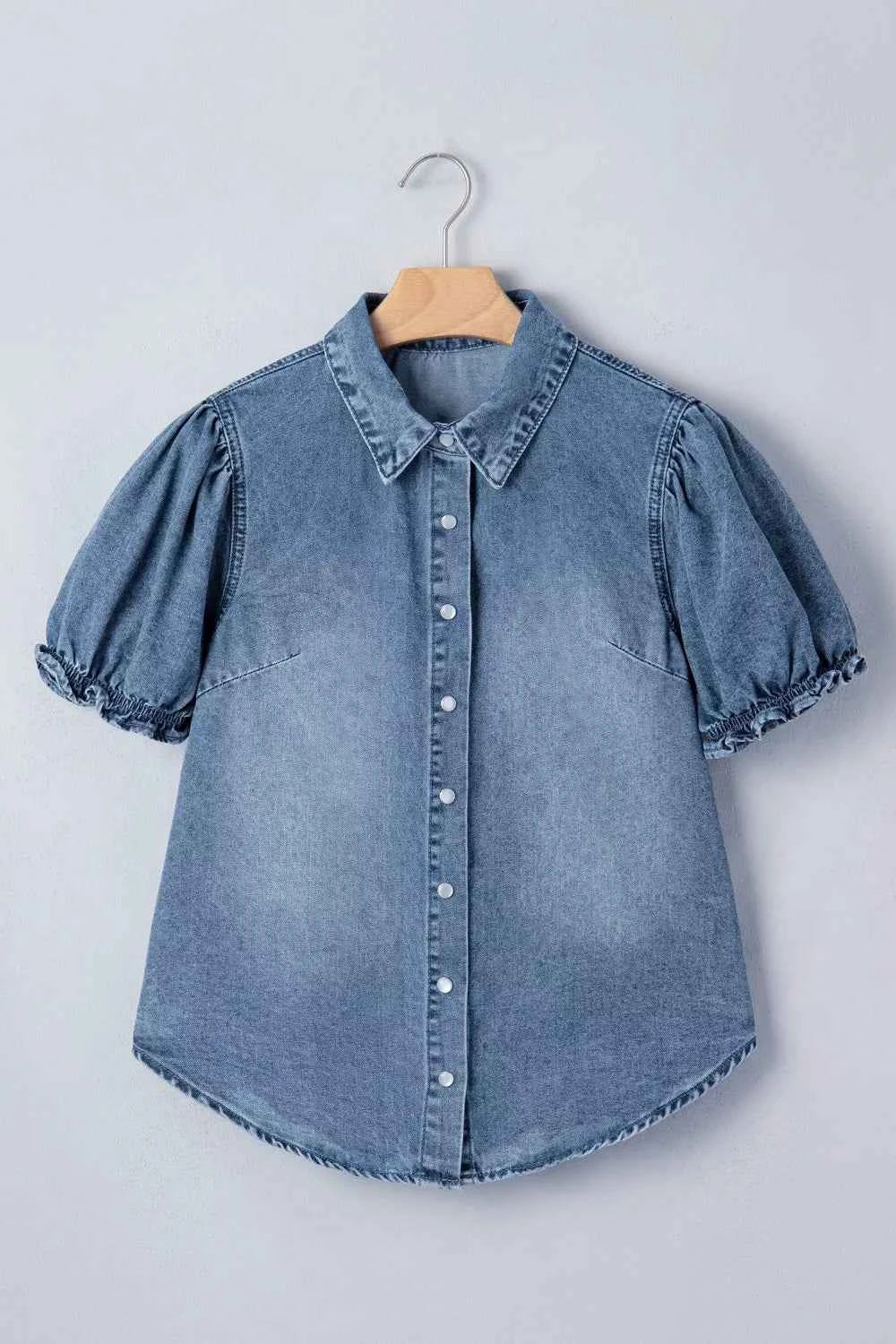 Redemption By Ashley North women's short sleeve denim shirt with frilled details, stylish casual top for everyday wear.