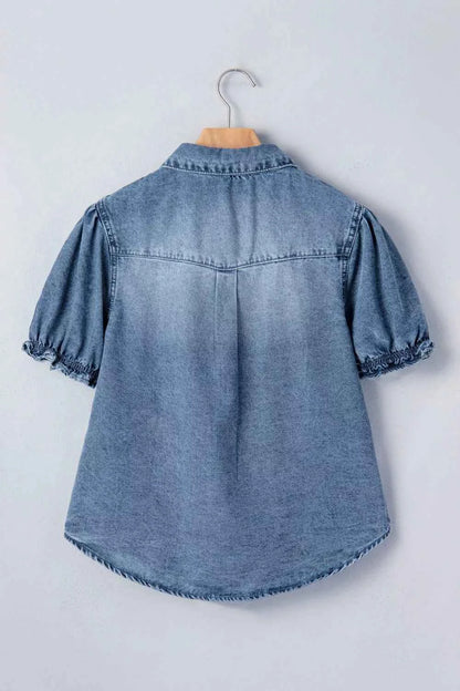 Redemption By Ashley North women's frilled short sleeve denim shirt, casual top with stylish ruffle details and classic denim look.