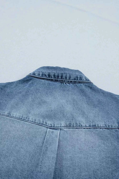 Redemption by Ashley North women's short sleeve denim shirt with frilled details, casual top for stylish everyday wear.