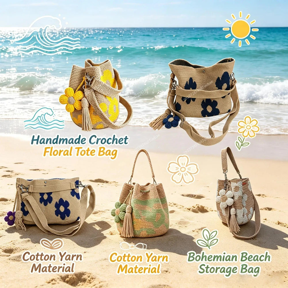 Yellow Bohemian crochet floral tote bag by Redemption by Ashley North with intricate floral patterns and spacious design.
