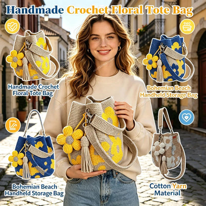 Yellow bohemian crochet floral tote bag by Redemption By Ashley North, featuring intricate floral patterns and wooden handles.