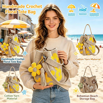 Yellow bohemian crochet floral tote bag by Redemption by Ashley North with intricate floral patterns and sturdy handles.