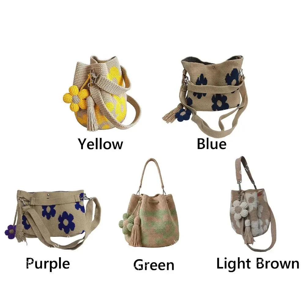 Yellow bohemian crochet floral tote bag by Redemption by Ashley North with intricate floral patterns and spacious design.