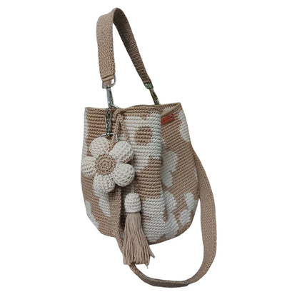 Yellow Bohemian crochet floral tote bag by Redemption By Ashley North with intricate floral patterns and woven handles.