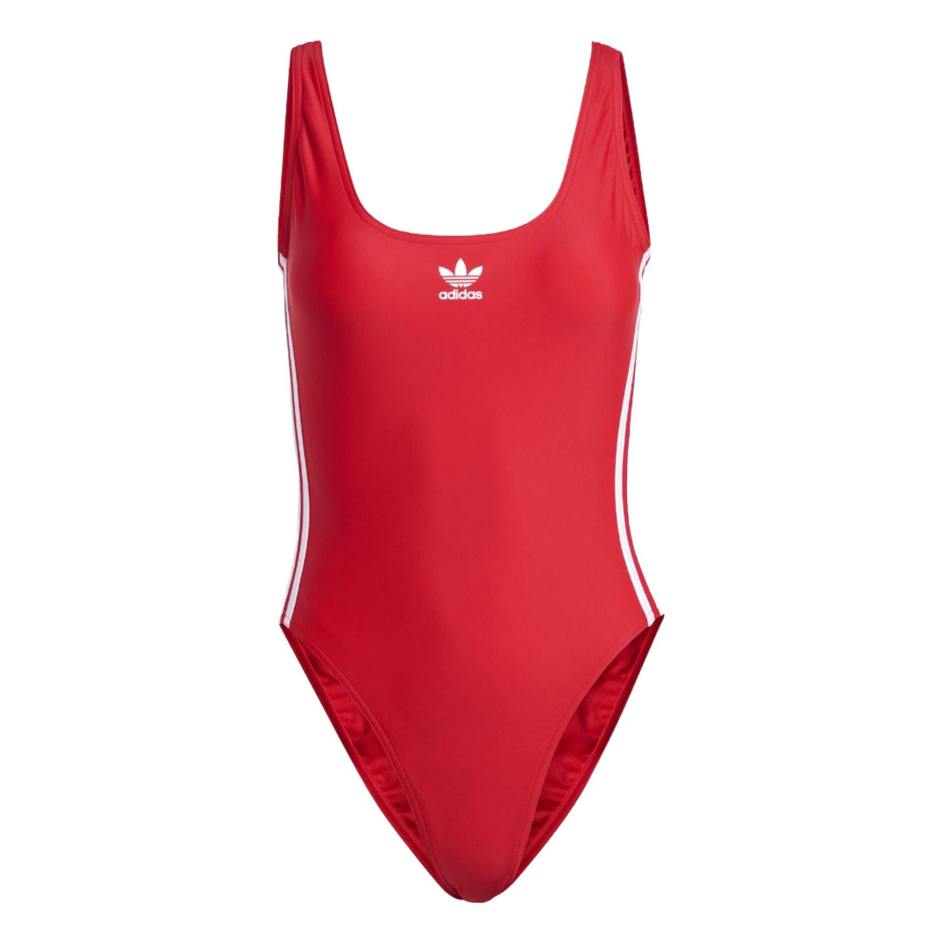 adidas Adicolor 3-Stripes swimsuit in Better Scarlet and White, featuring sporty design and 3-stripe branding.
