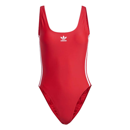 adidas Adicolor 3-Stripes swimsuit in Better Scarlet and White, featuring sporty design and 3-stripe branding.
