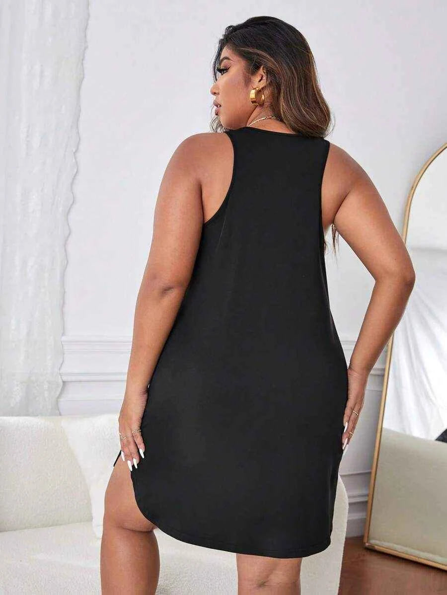 Plus size women's black sleeveless nightgown by Shein, soft knit fabric, comfortable sleep dress for relaxed nights.