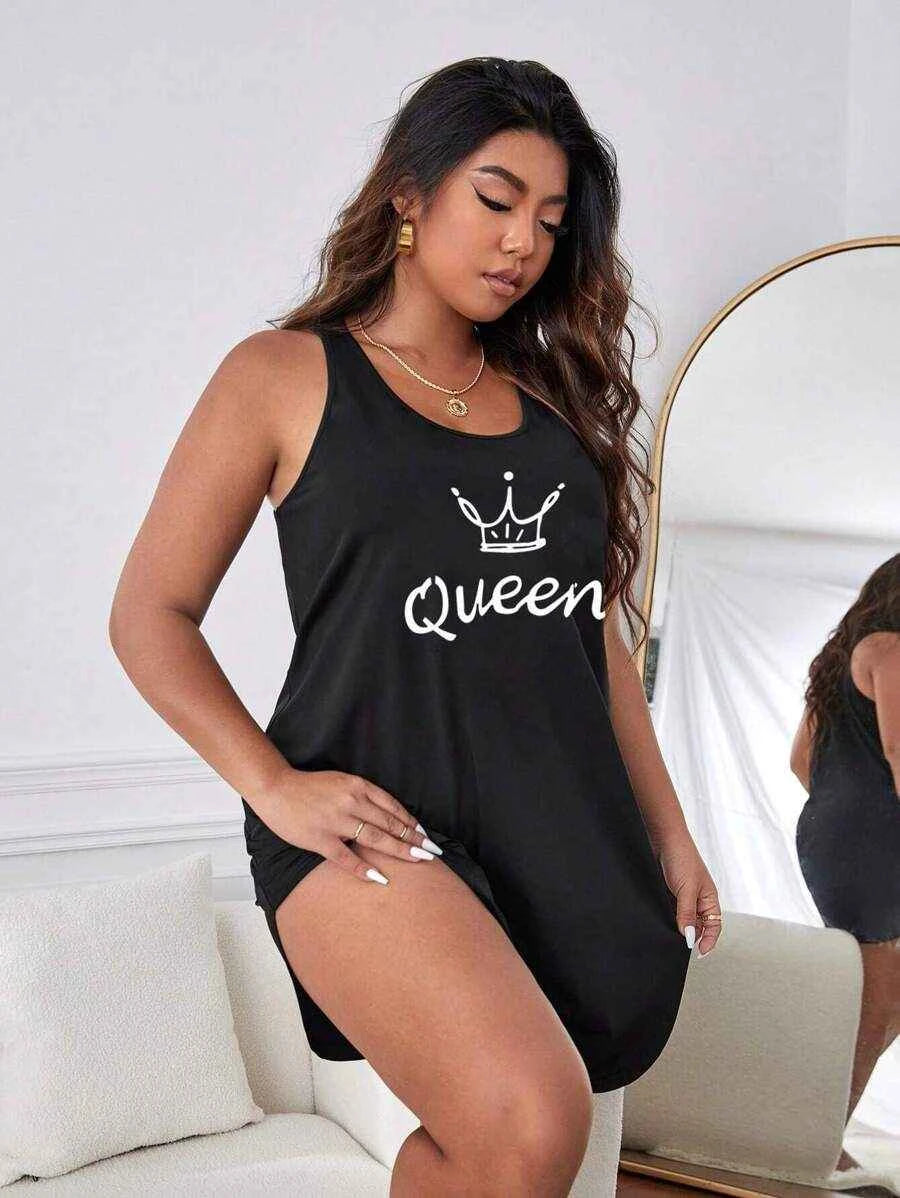 Plus size women's black sleeveless nightgown by Shein, soft knit fabric, sleeveless design, comfortable sleep dress.