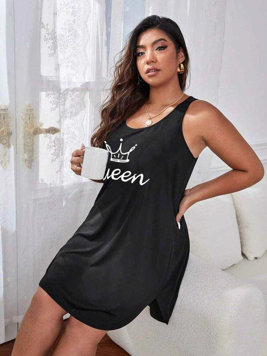 Plus size women’s black sleeveless nightgown by Shein featuring soft knit fabric and comfortable fit for sleep or lounging.