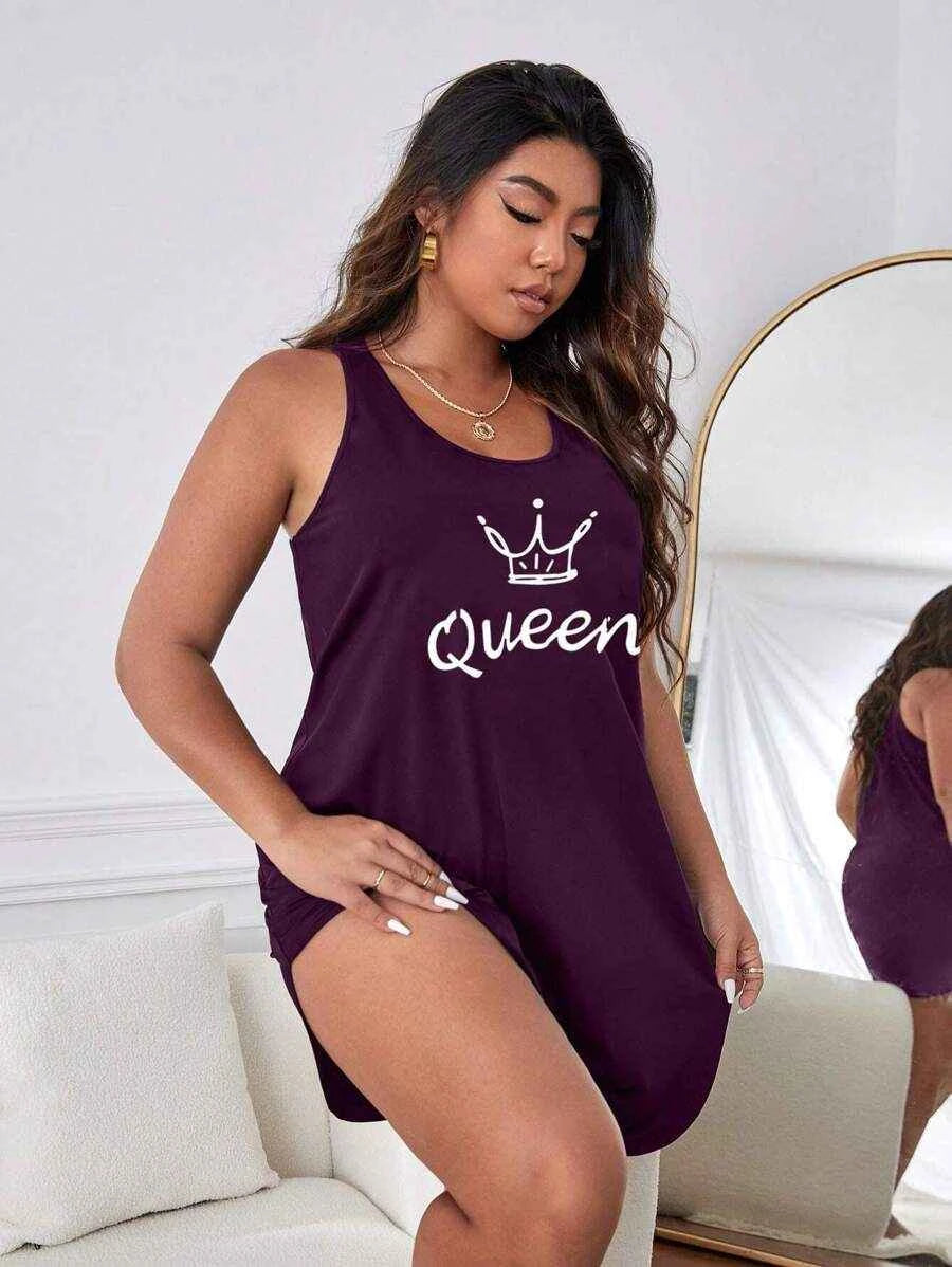 Plus size women's black sleeveless nightgown made of soft knit fabric, comfortable sleep dress by Shein.