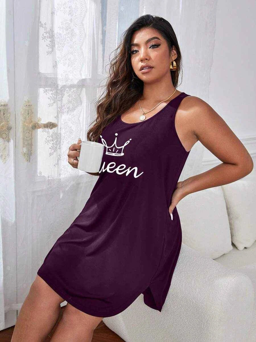 Plus size women’s black sleeveless nightgown by Shein, soft knit sleep dress with comfortable fit for restful nights.