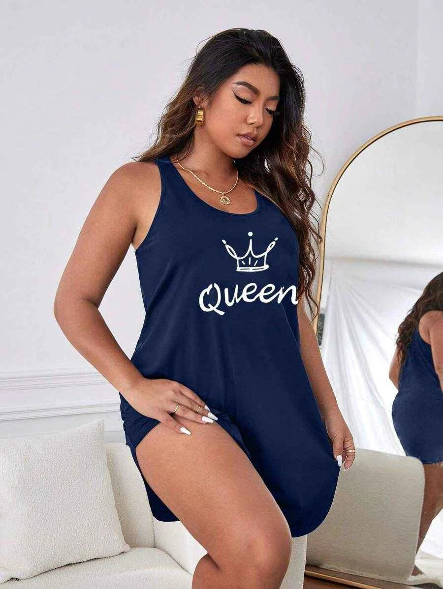 Plus size women's black sleeveless nightgown from Shein, soft knit fabric, comfortable sleep dress for women.