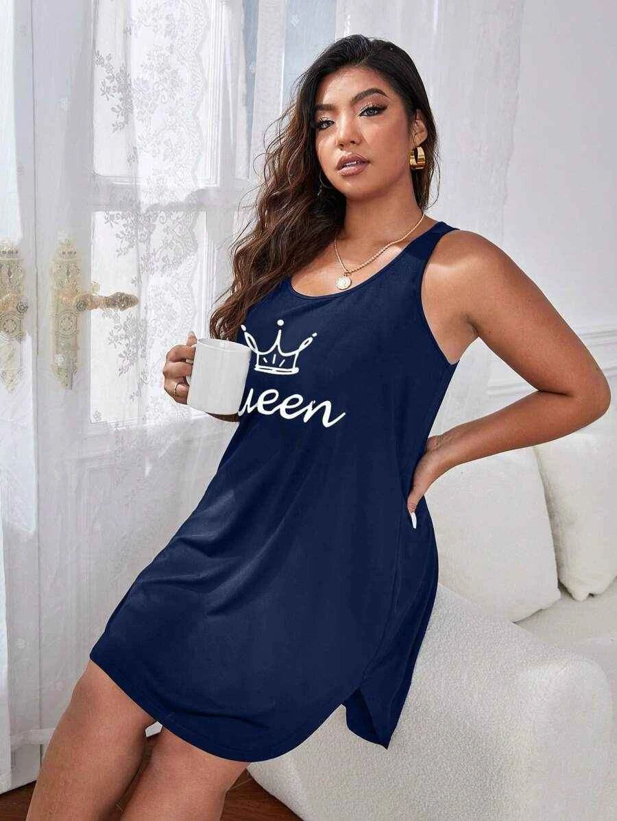 Plus size women's black sleeveless nightgown by Shein, made of soft knit fabric, designed for comfortable sleepwear.