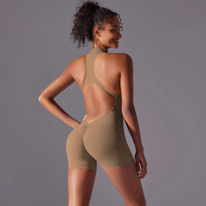 Half Zipper Women Bodysuits Gym Push Up Workout Clothes Backless Scrunch Fitness Sports Yoga Bodysuit Sleeveles Fitness Jumpsuit - Redemption By Ashley North