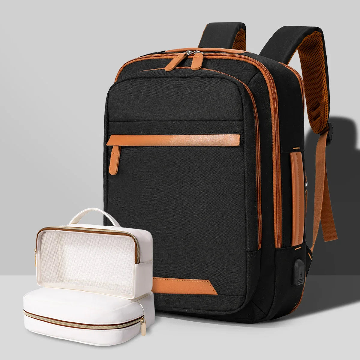 Black waterproof USB rechargeable backpack by Stone's Store, large unisex laptop bag suitable for school, work, and travel.