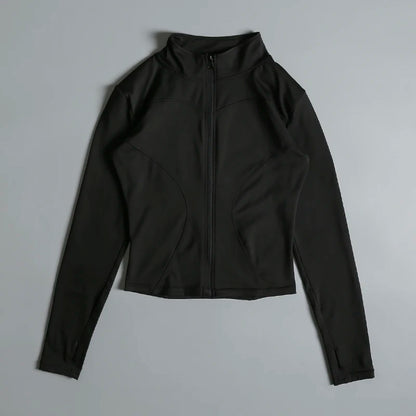 Women’s long sleeve zip fitness yoga shirt by Stone's Store, activewear sports jacket perfect for gym, running, and workout activities.