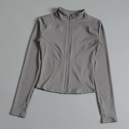 Women’s long sleeve zip fitness yoga shirt by Stone's Store, activewear sports jacket and gym top for running and workout activities.