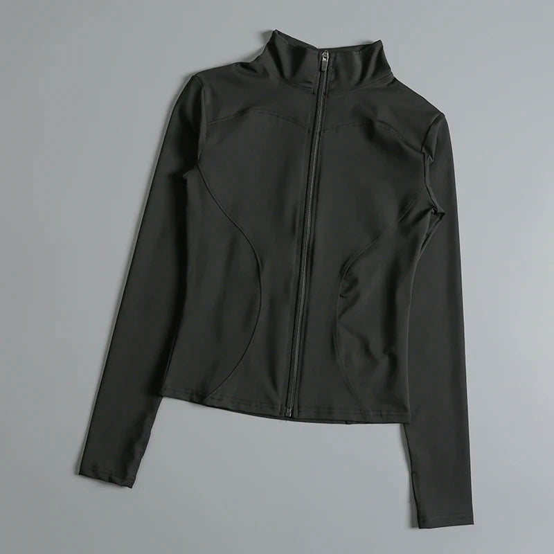 Women’s long sleeve zip fitness yoga shirt from Stone's Store, a sporty gym top with a fitted design and activewear style.