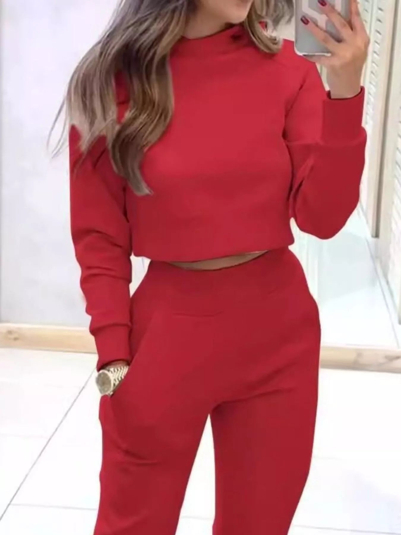 Trendsi casual chic cropped sweatshirt and matching jogger pants set, soft fabric, relaxed fit, stylish loungewear for women.