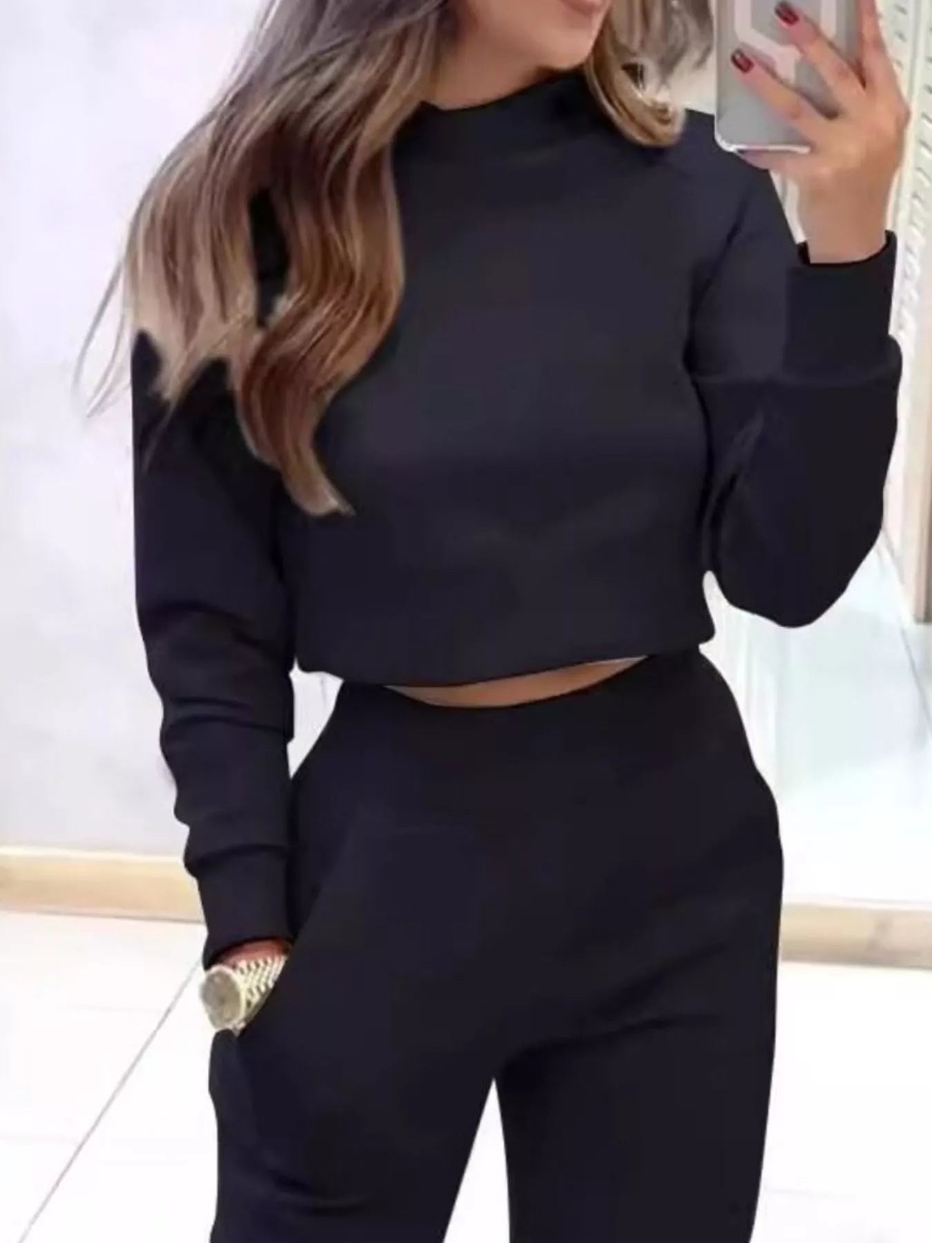 Trendsi casual chic cropped sweatshirt and matching jogger pants set, comfortable and stylish loungewear for women.