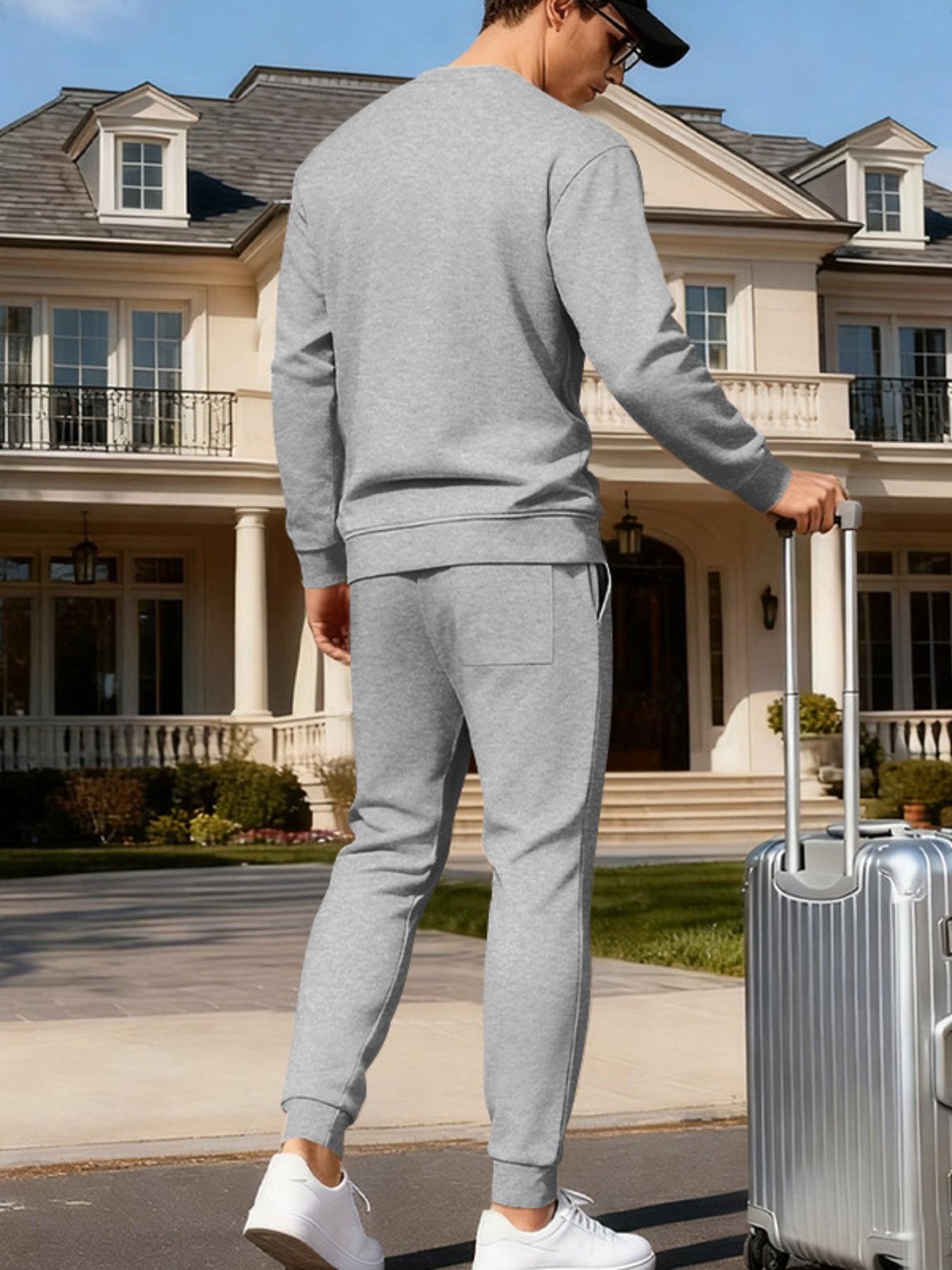 Plus size men's full-size round neck sweatshirt and jogger set by Trendsi in apricot, casual comfortable loungewear ensemble.