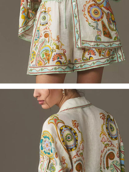 Printed button-up shirt and matching shorts set by Trendsi, featuring a stylish design perfect for casual wear.