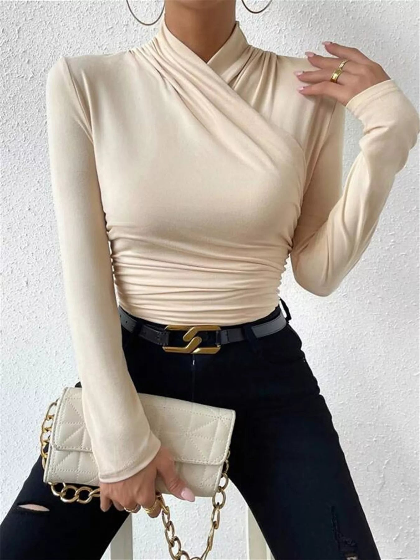 Trendsi ruched long sleeve slim fit top, showcasing fitted design with ruched detailing in a stylish, versatile look.