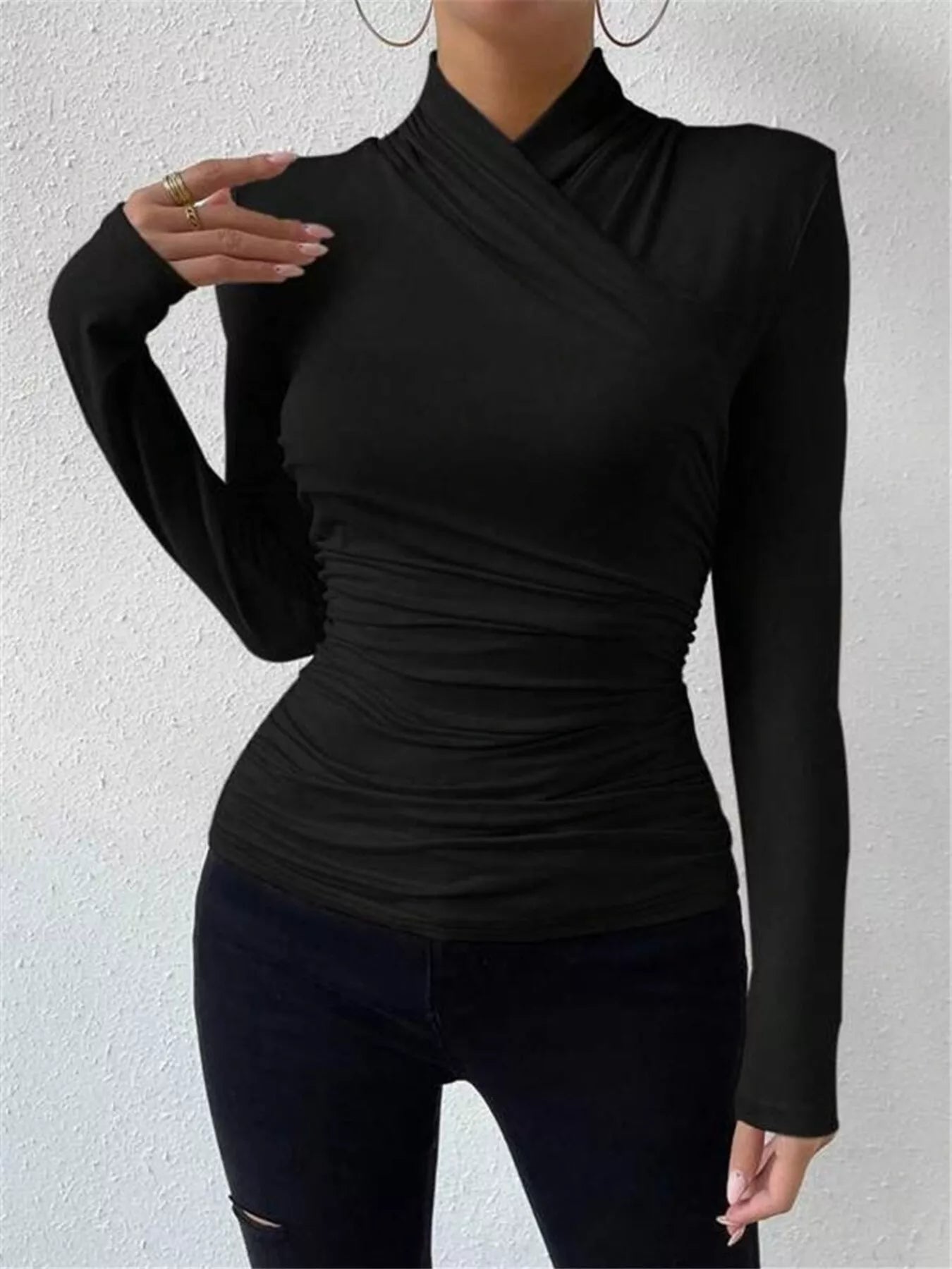 Trendsi ruched long sleeve slim fit top in black, featuring a flattering fitted design and gathered detail along the sleeves.