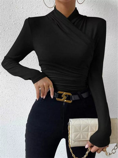 Trendsi ruched long sleeve slim fit top in a stylish design, shown in a close-up image highlighting the fabric and fit.