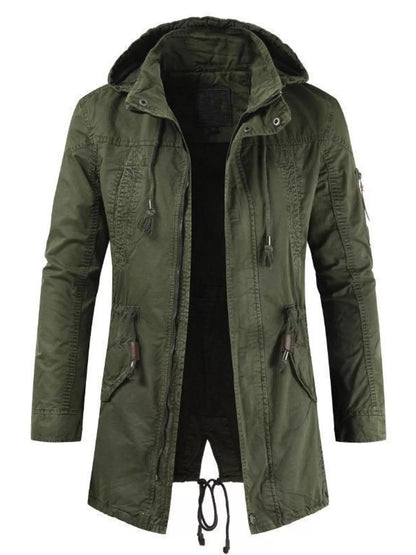Men's plus size army green drawstring casual hooded parka coat by Trendsi, featuring a relaxed fit and front pockets.