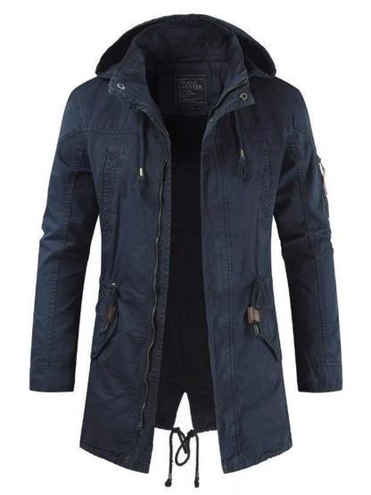 Men's plus size army green casual hooded parka coat with drawstring waist from Trendsi, featuring a comfortable, relaxed fit.