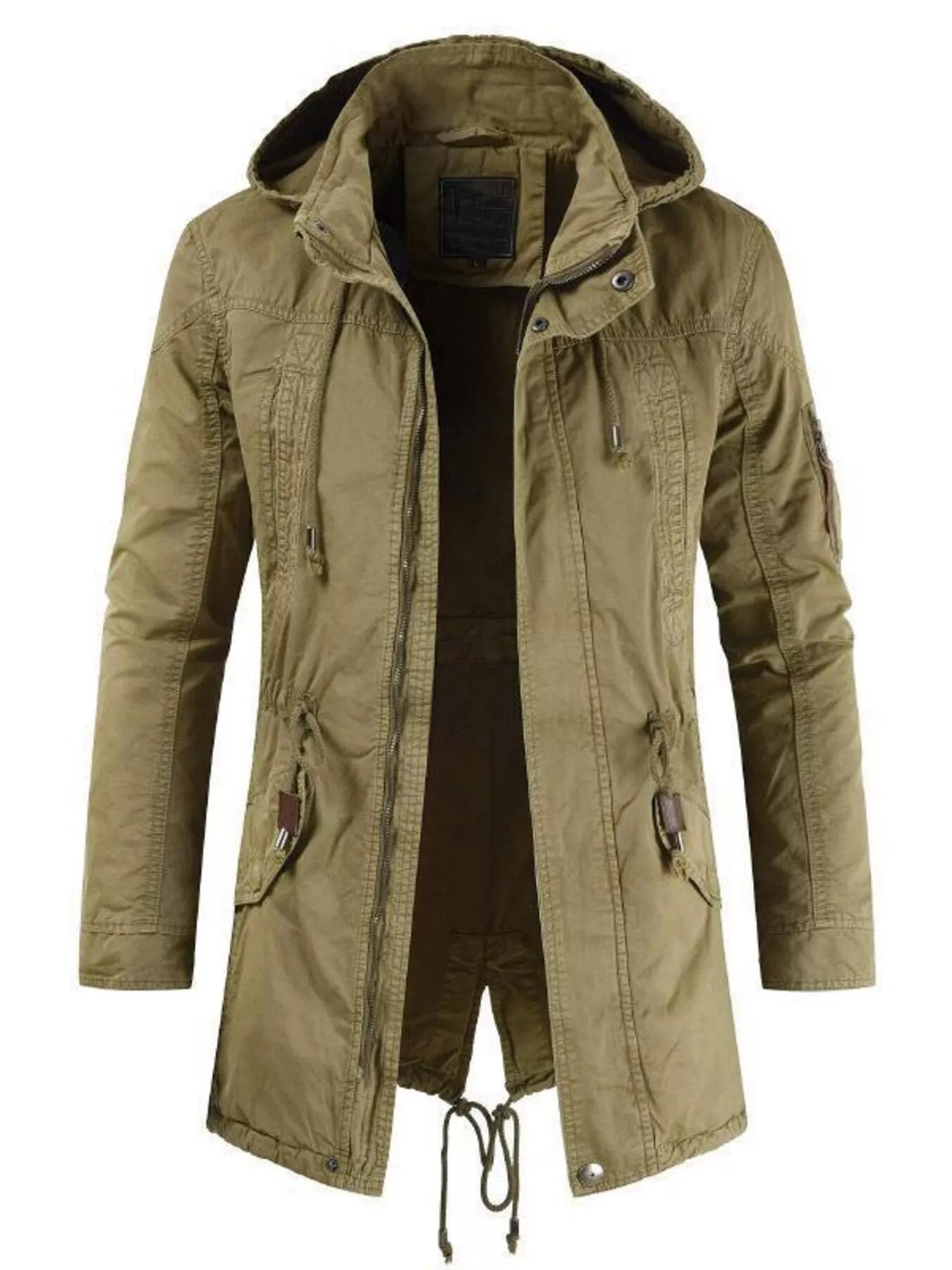 Men's plus size army green casual hooded parka coat with drawstring waist, designed for comfort and style.