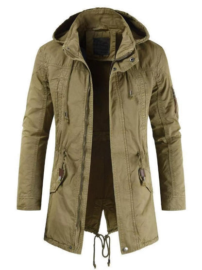 Men's plus size army green casual hooded parka coat with drawstring waist, designed for comfort and style.