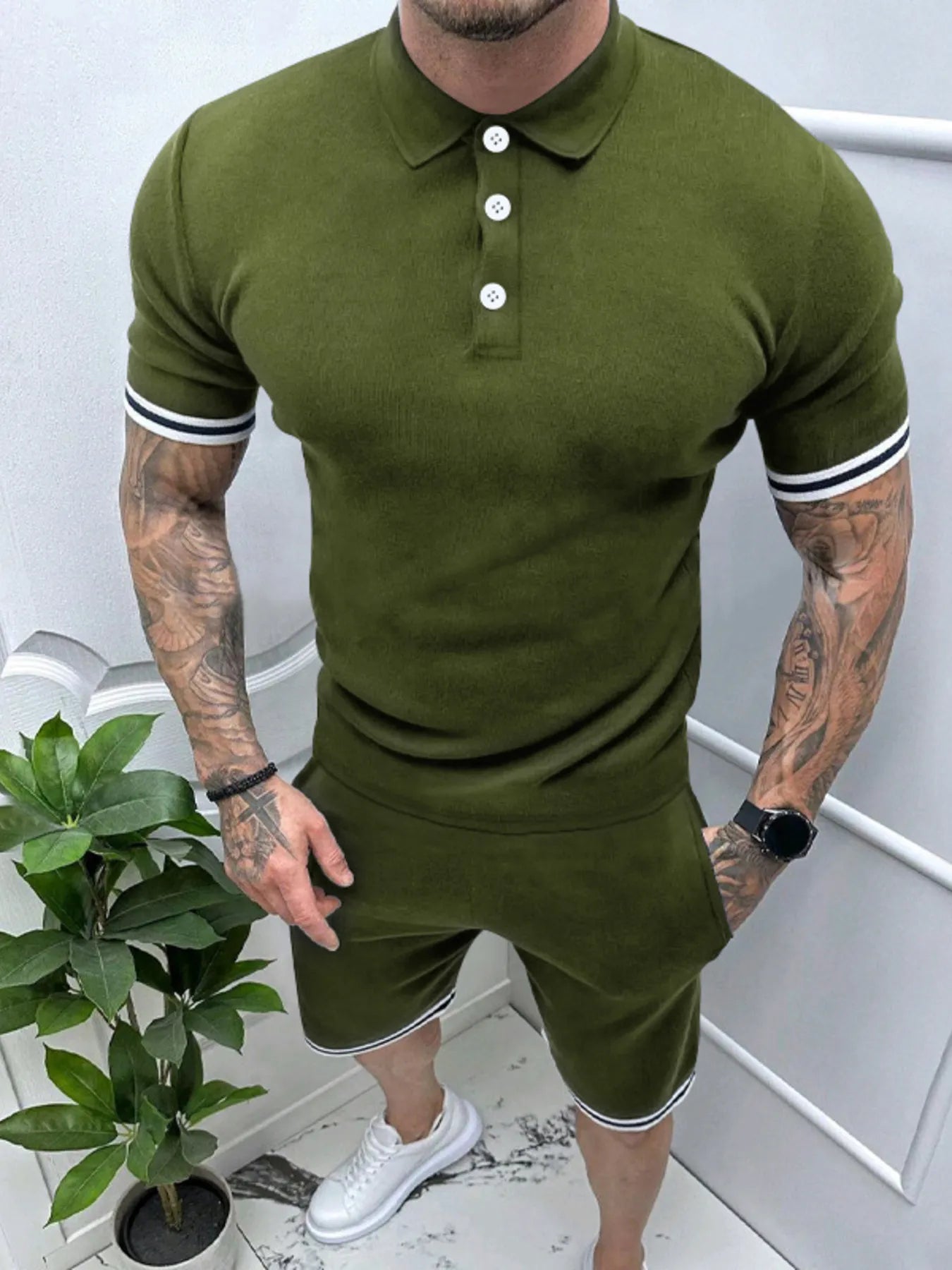 Men's army green short sleeve polo shirt and matching shorts set by Trendsi, casual summer outfit for men.
