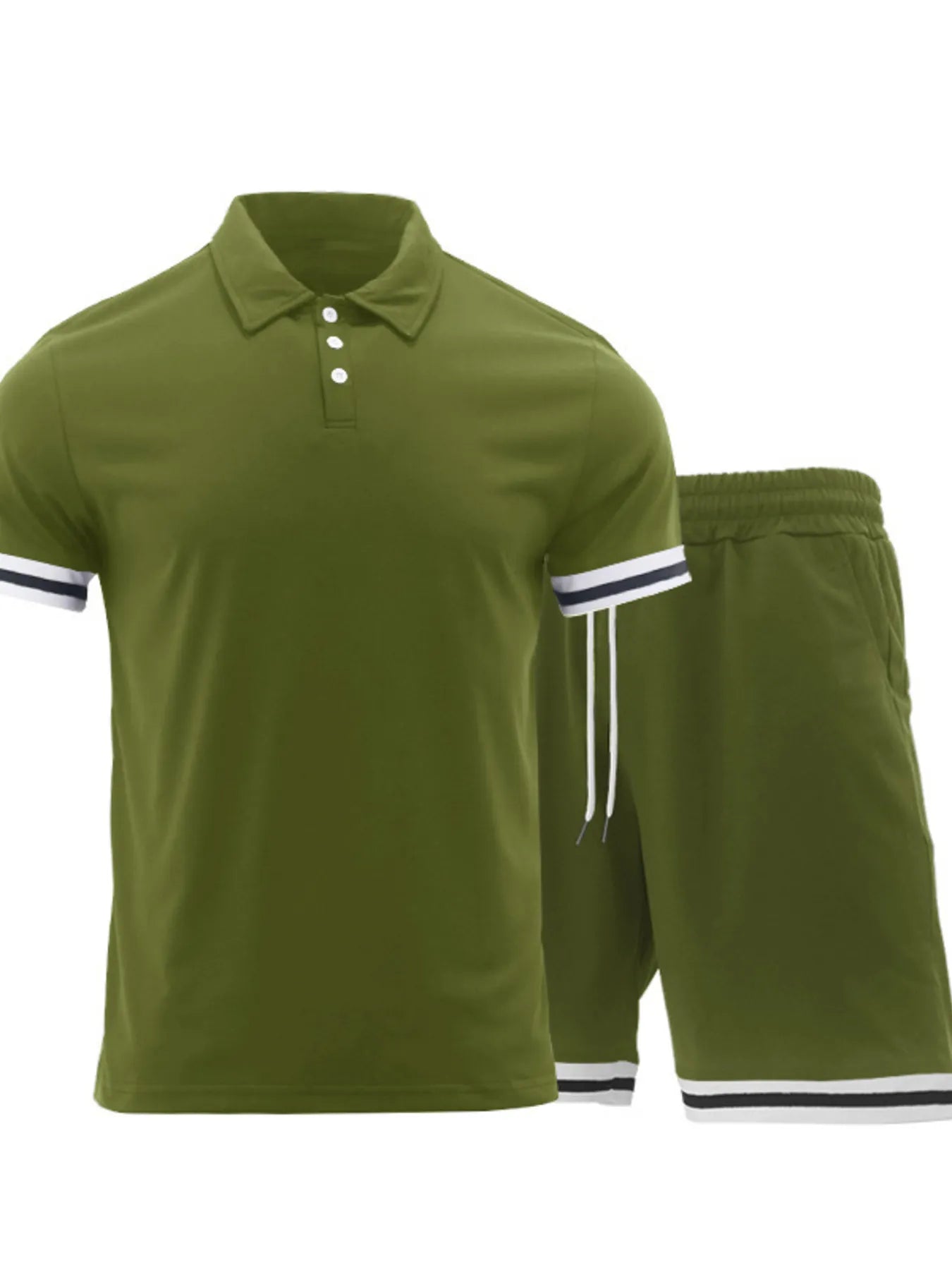 Men's army green short sleeve polo and matching shorts set by Trendsi, casual summer outfit, front view with collar and pockets.
