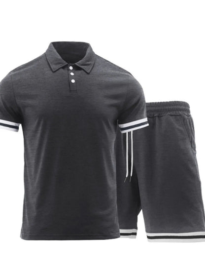 Men's army green short sleeve polo and matching shorts set by Trendsi, casual summer outfit, front view showing the coordinated look.